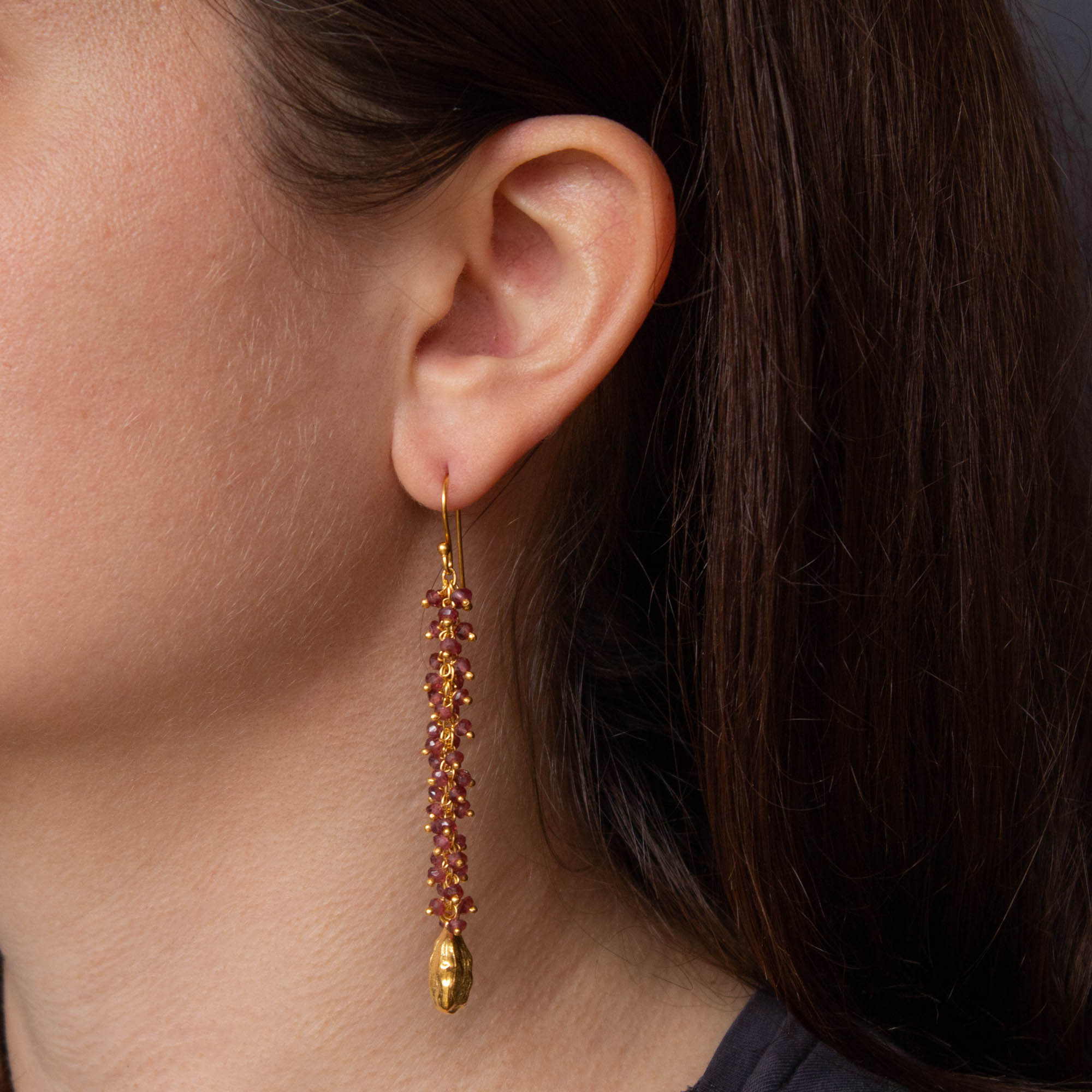 Long garnet gemstone cluster earrings with 18k gold vermeil cardamon pod charms - Beyond Biasa