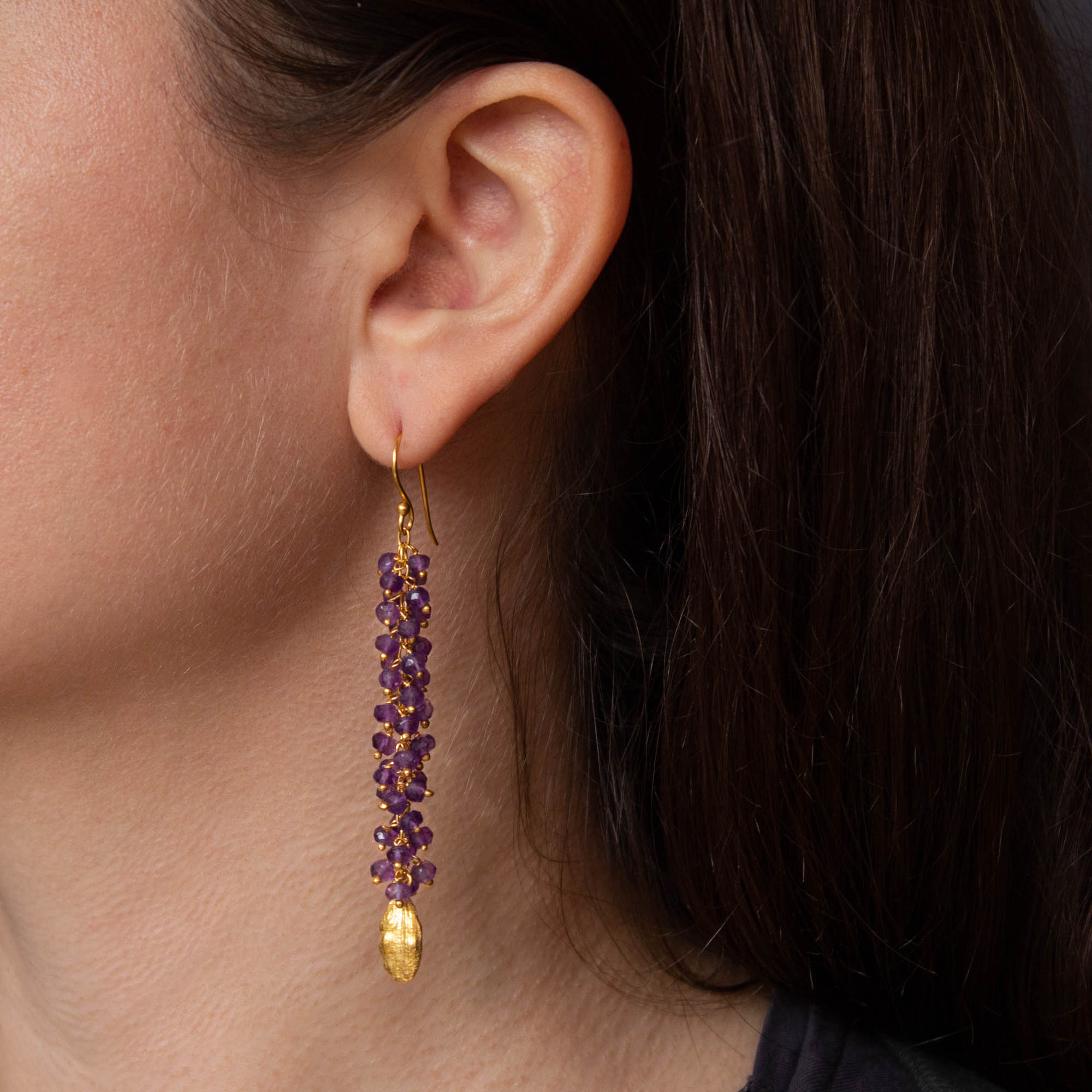 Long amethyst gemstone cluster earrings with 18k gold vermeil cardamon pod charms - Beyond Biasa