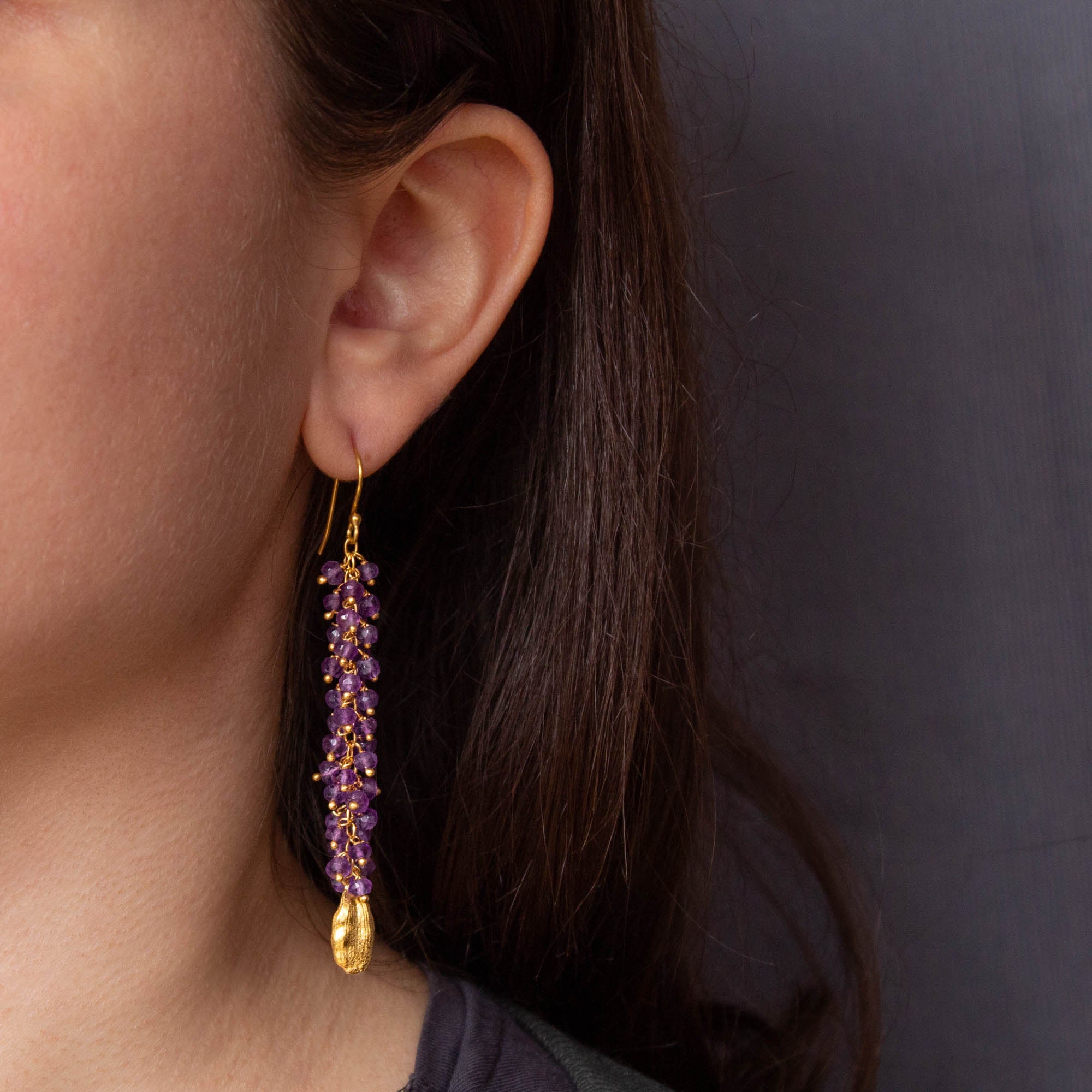 Long amethyst gemstone cluster earrings with 18k gold vermeil cardamon pod charms - Beyond Biasa