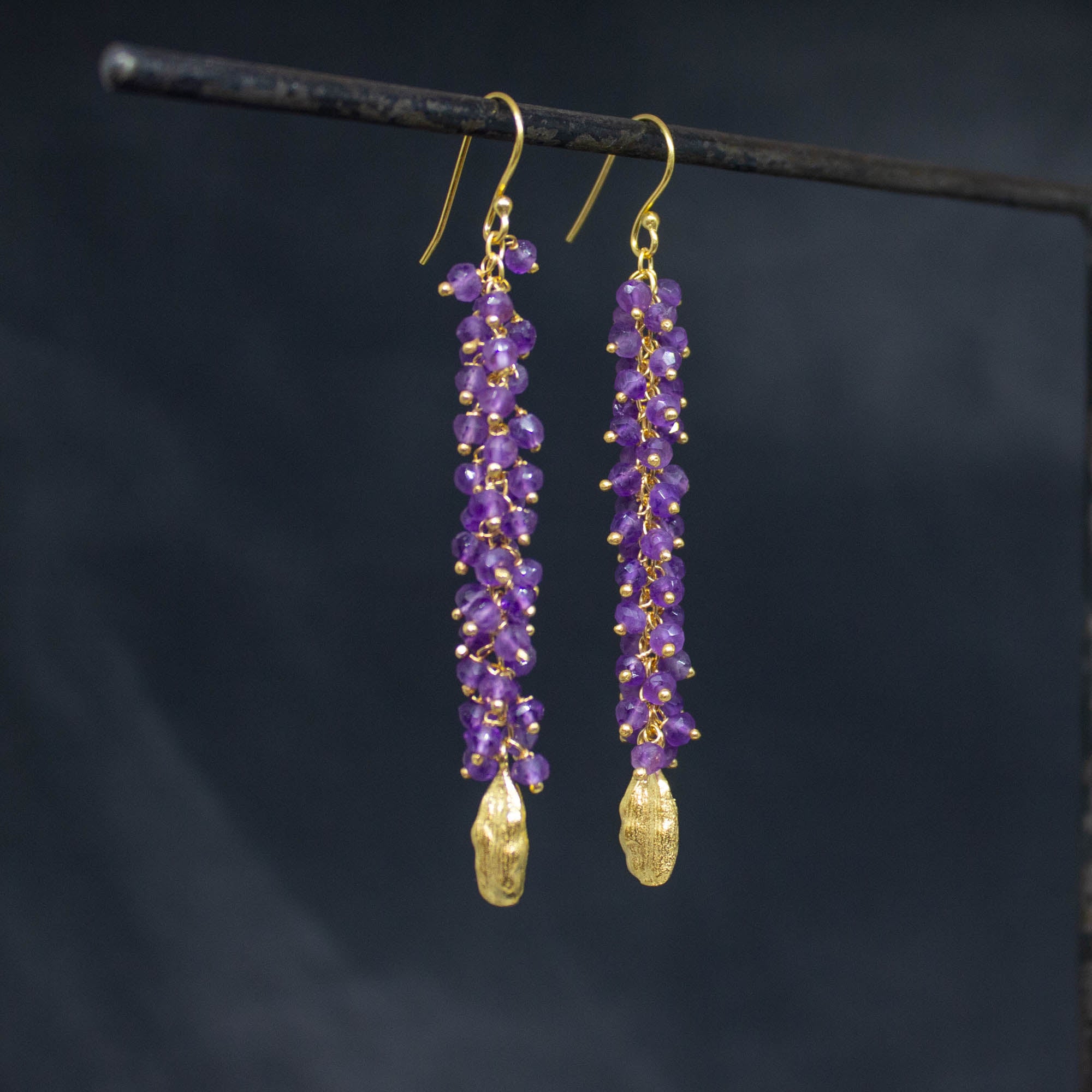 Long amethyst pearl gemstone cluster earrings with 18k gold vermeil cardamon pod charms - Beyond Biasa