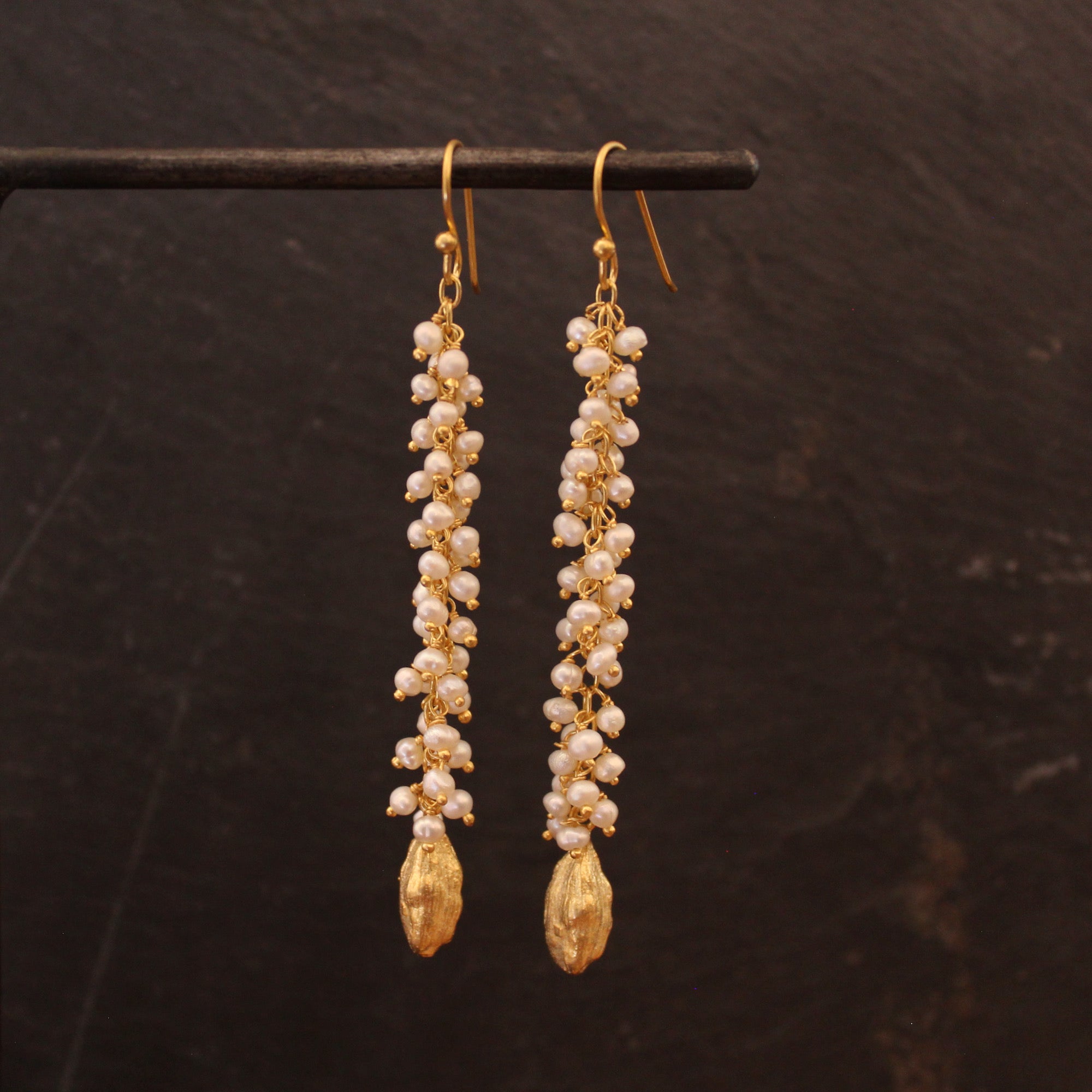 Long freshwater pearl gemstone cluster earrings with 18k gold vermeil cardamon pod charms - Beyond Biasa
