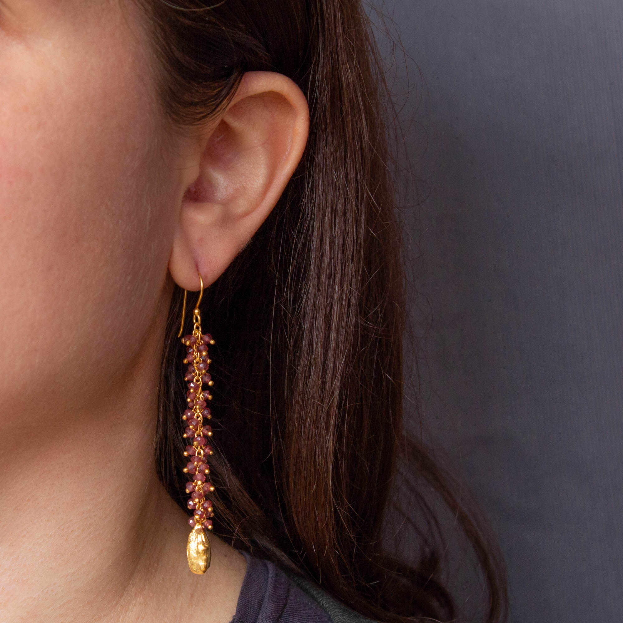 Long garnet gemstone cluster earrings with 18k gold vermeil cardamon pod charms - Beyond Biasa