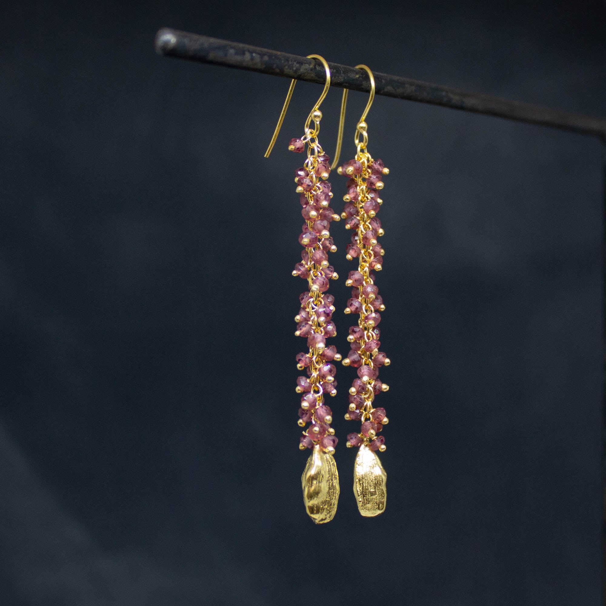 Long garnet gemstone cluster earrings with 18k gold vermeil cardamon pod charms - Beyond Biasa