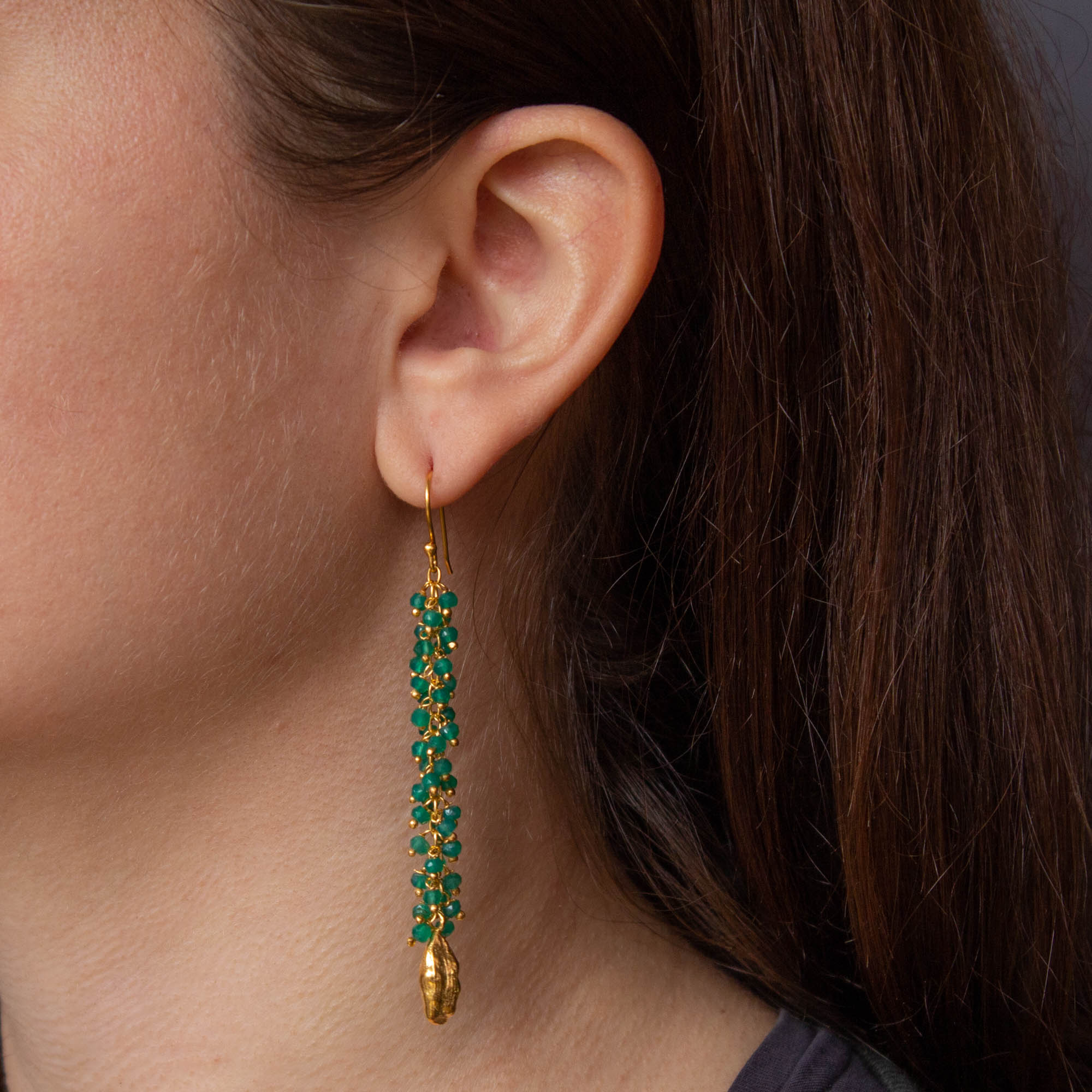 Long green onyx gemstone cluster earrings with 18k gold vermeil cardamon pod charms - Beyond Biasa