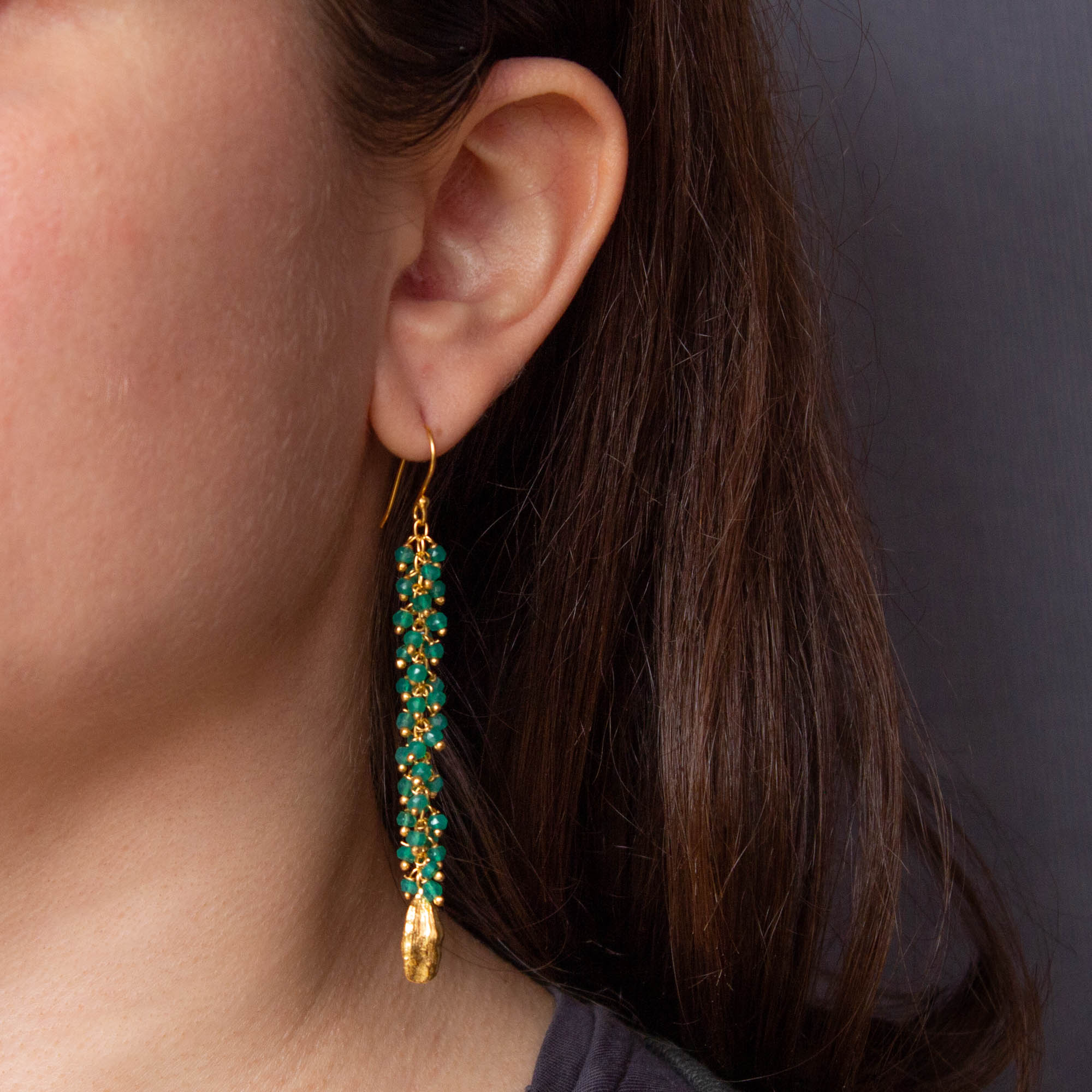 Long green onyx gemstone cluster earrings with 18k gold vermeil cardamon pod charms - Beyond Biasa