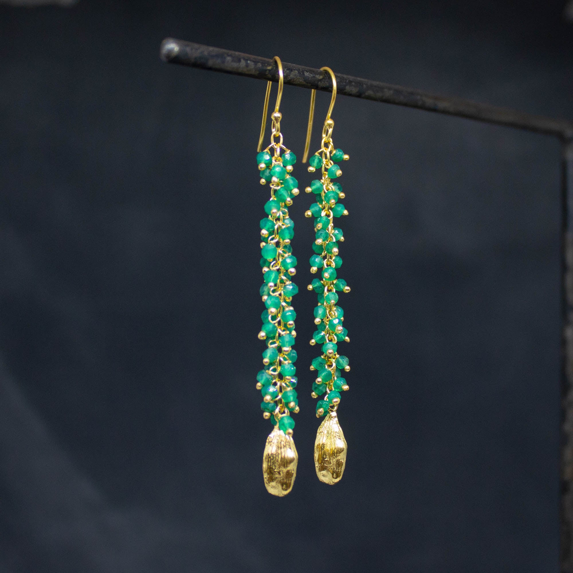 Long green onyx gemstone cluster earrings with 18k gold vermeil cardamon pod charms - Beyond Biasa