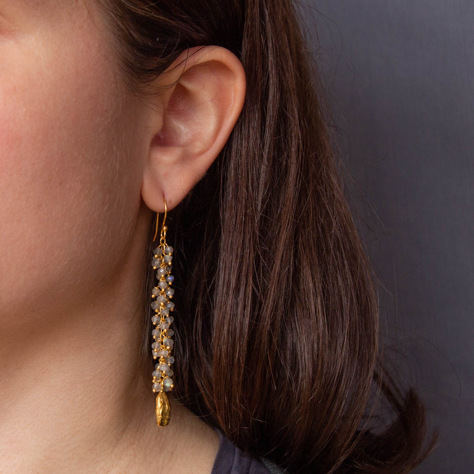 Long labradorite gemstone cluster earrings with 18k gold vermeil cardamon pod charms - Beyond Biasa