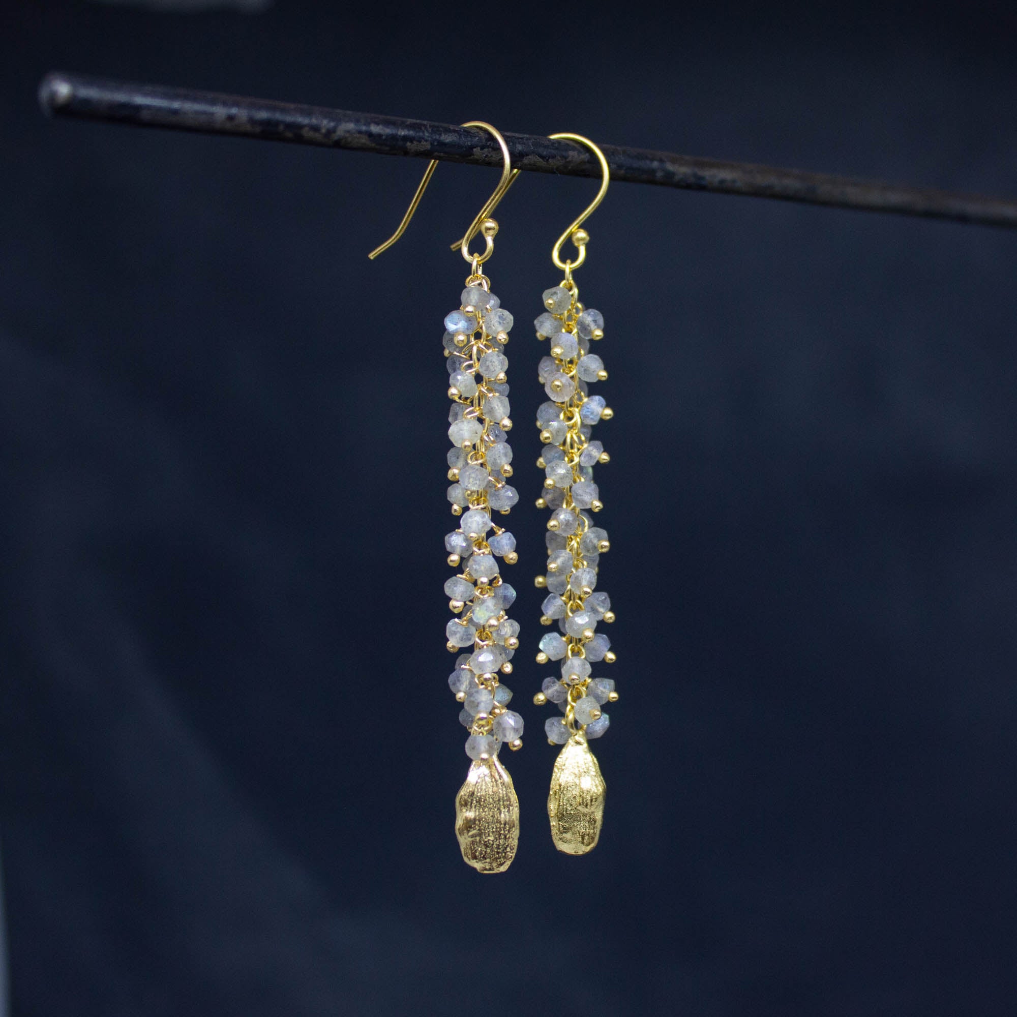 Long labradorite gemstone cluster earrings with 18k gold vermeil cardamon pod charms - Beyond Biasa