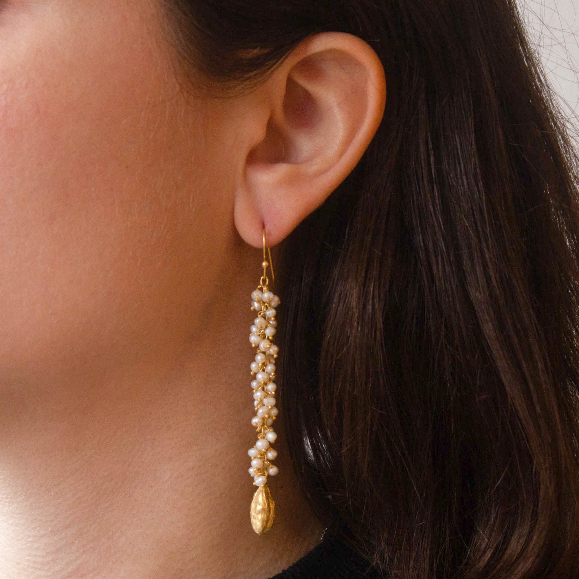 Long freshwater pearl gemstone cluster earrings with 18k gold vermeil cardamon pod charms - Beyond Biasa