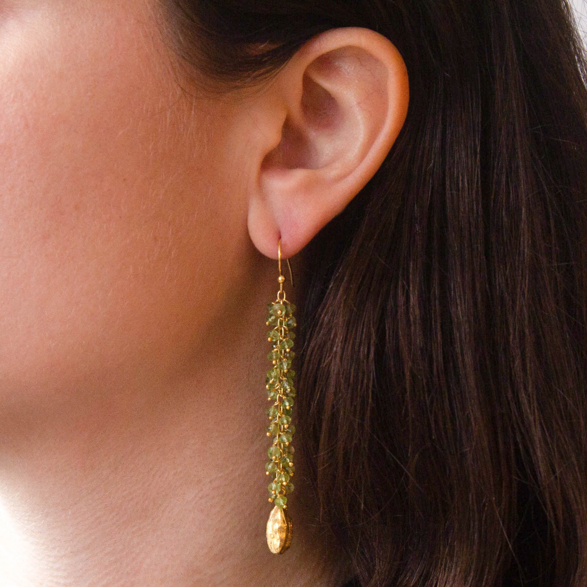 Long peridot gemstone cluster earrings with 18k gold vermeil cardamon pod charms - Beyond Biasa
