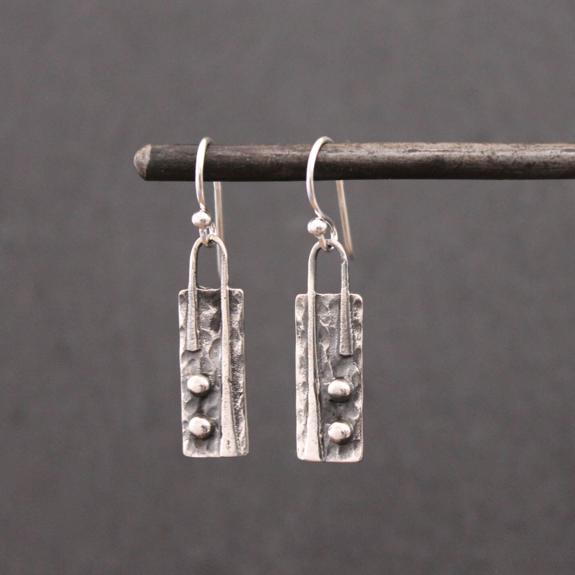 Hammered texture rectangular drop earrings in oxidised sterling silver 