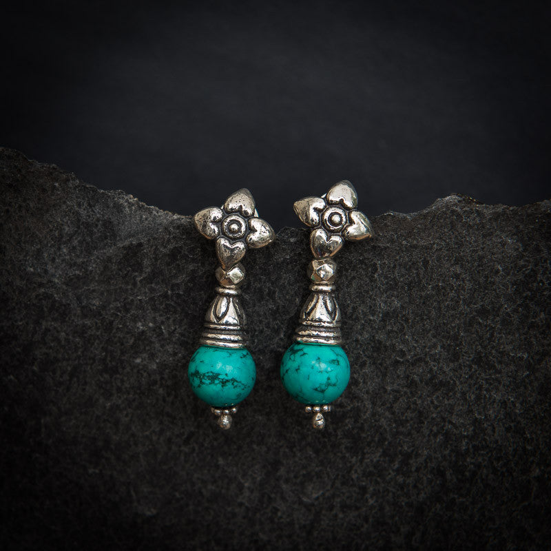 Turquoise and Sterling Silver Flower Flute Earrings - Beyond Biasa