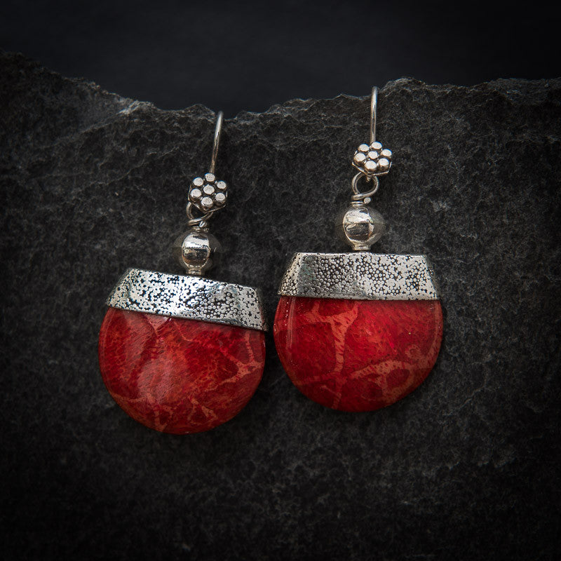 Red Bamboo Coral and Sterling Silver Geometric Drop Earrings - Beyond Biasa