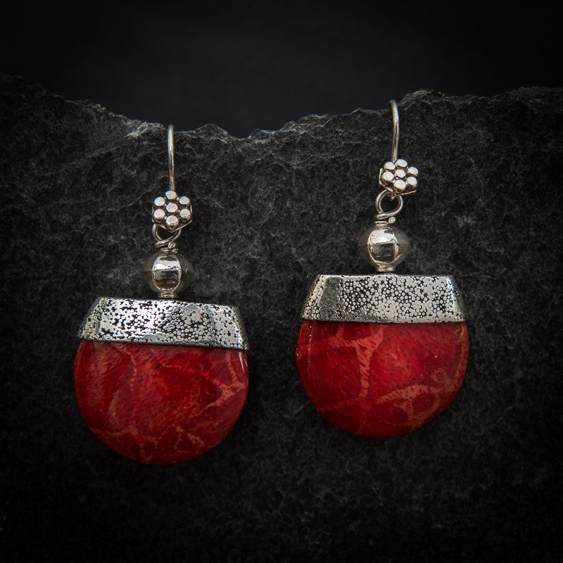 Red Bamboo Coral and Sterling Silver Geometric Drop Earrings - Beyond Biasa