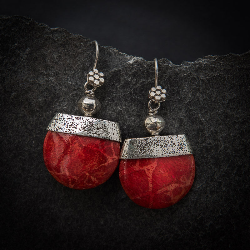 Red Bamboo Coral and Sterling Silver Geometric Drop Earrings - Beyond Biasa