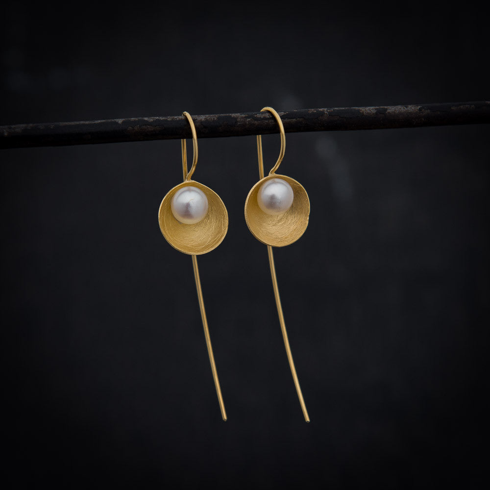 Freshwater Pearl Long Hook Earrings in Gold Vermeil - Beyond Biasa