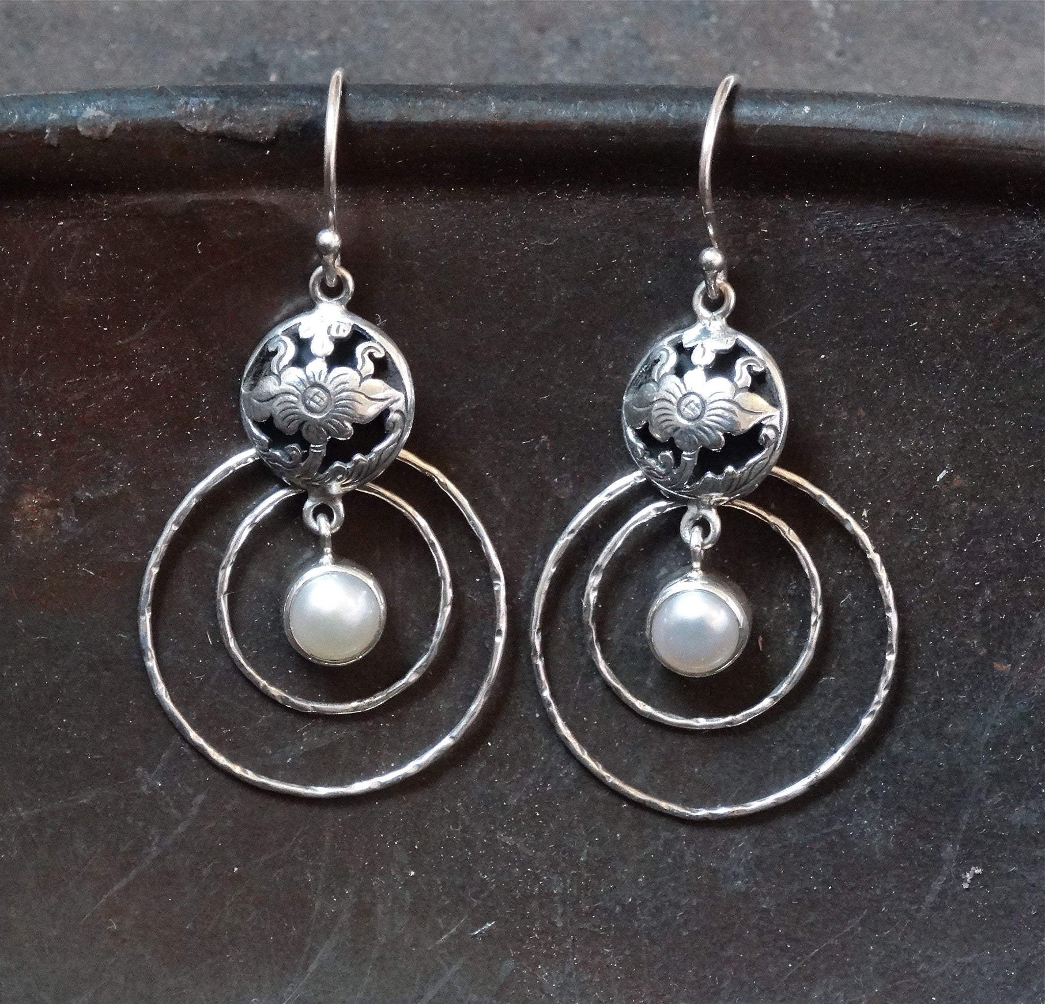 Sterling Silver Flower Cut Out and Freshwater Pearl Earrings - Beyond Biasa