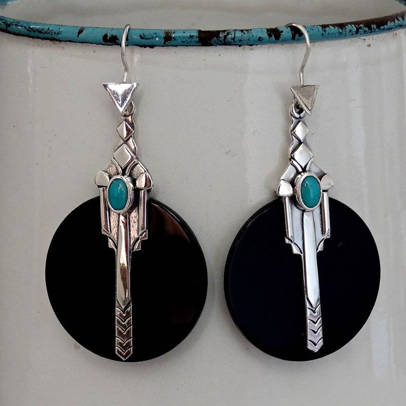 Black Onyx and Turquoise Art Deco Earrings - Beyond Biasa