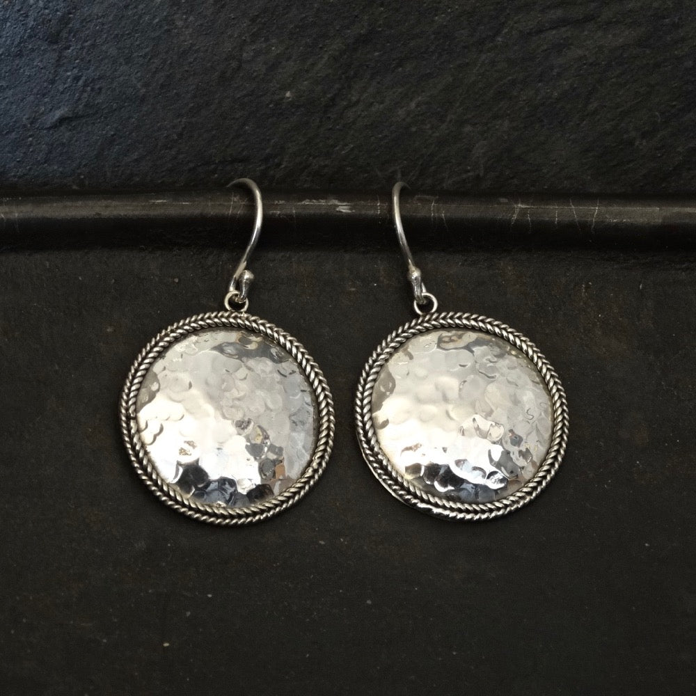 Sterling Silver Hammered and Wirework Round Drop Earrings - Beyond Biasa