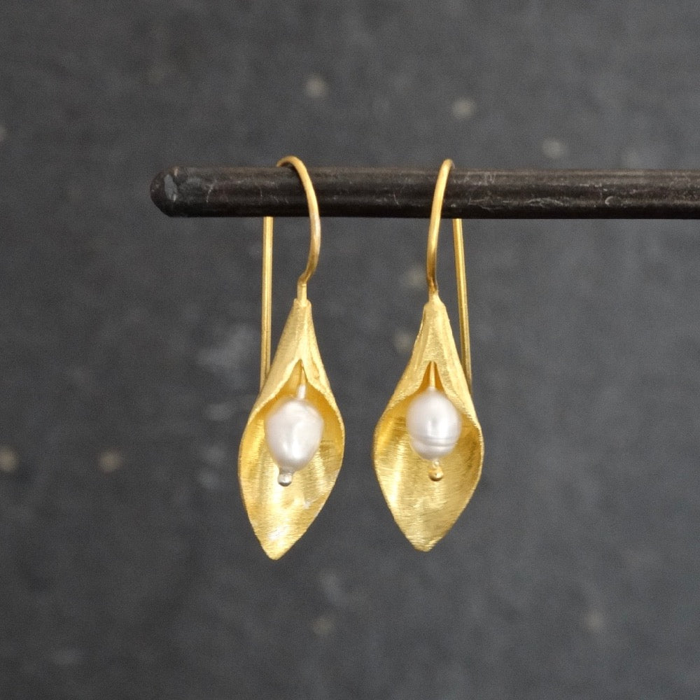 Brushed Gold Vermeil and Pearl Leaf Earrings - Beyond Biasa