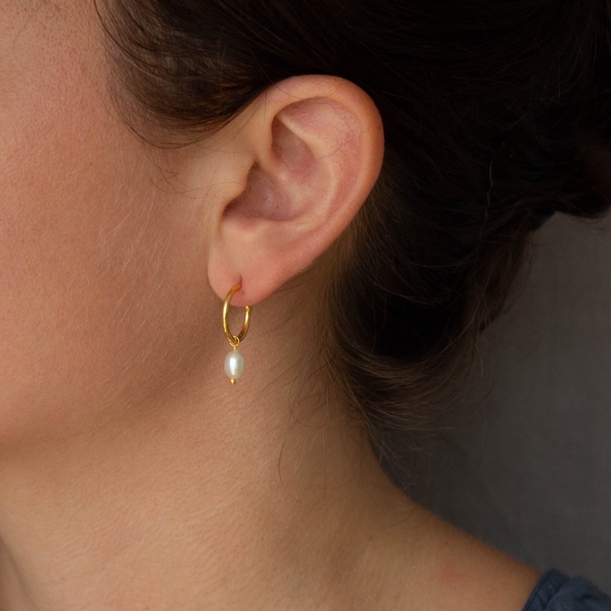 18k gold vermeil hoop earrings with white freshwater pearl charms and a stud fitting - Beyond Biasa