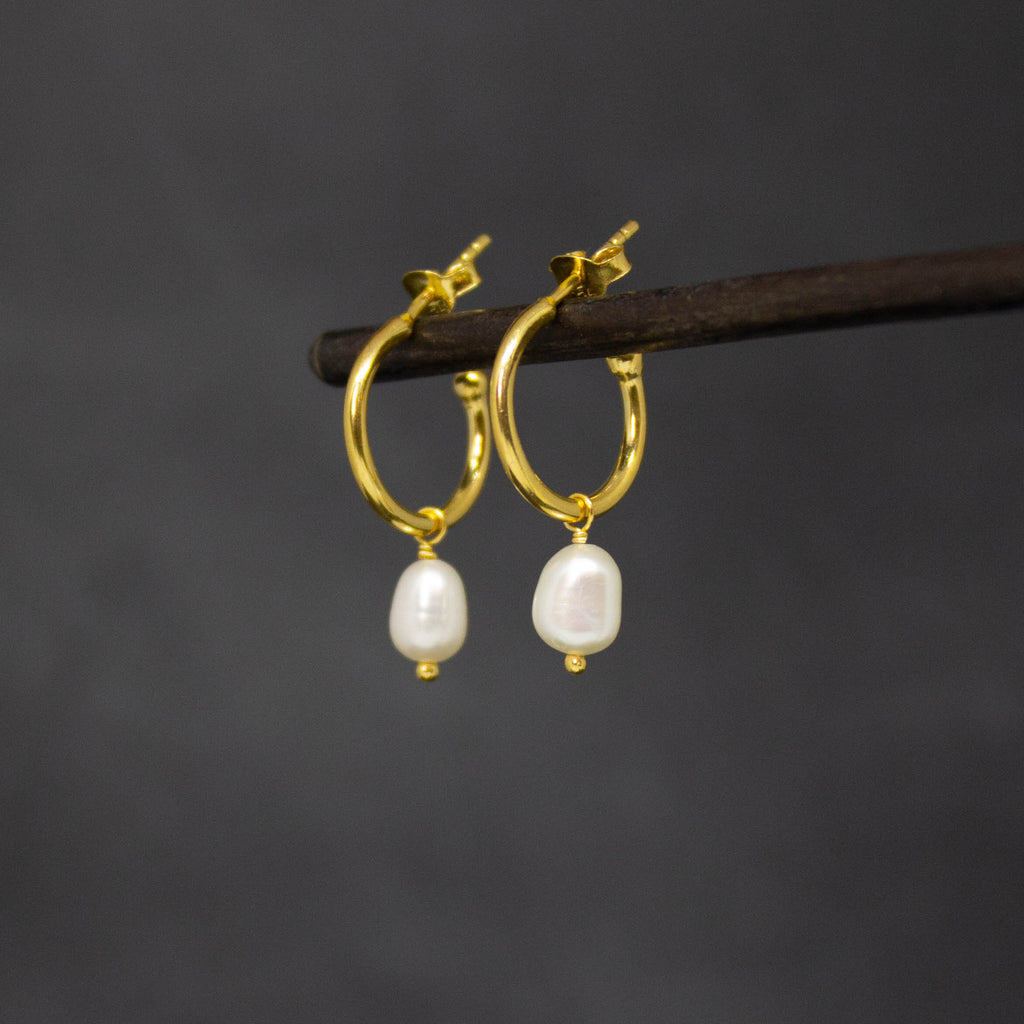 18k gold vermeil hoop earrings with white freshwater pearl charms and a stud fitting - Beyond Biasa