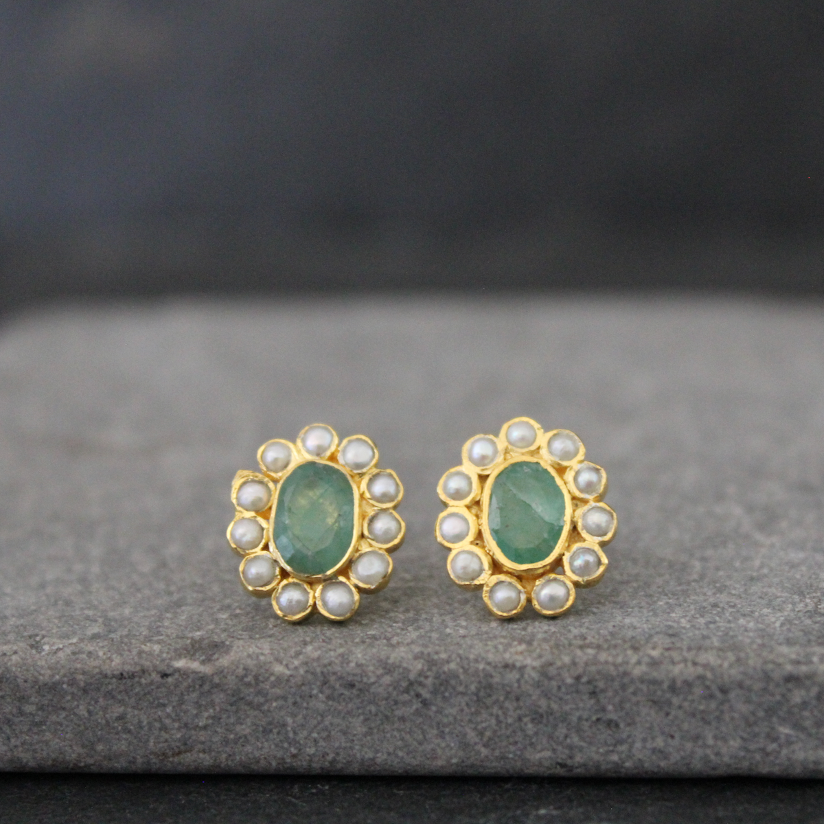 Emerald, Pearl and Gold Vermeil Stud Earrings - Beyond Biasa
