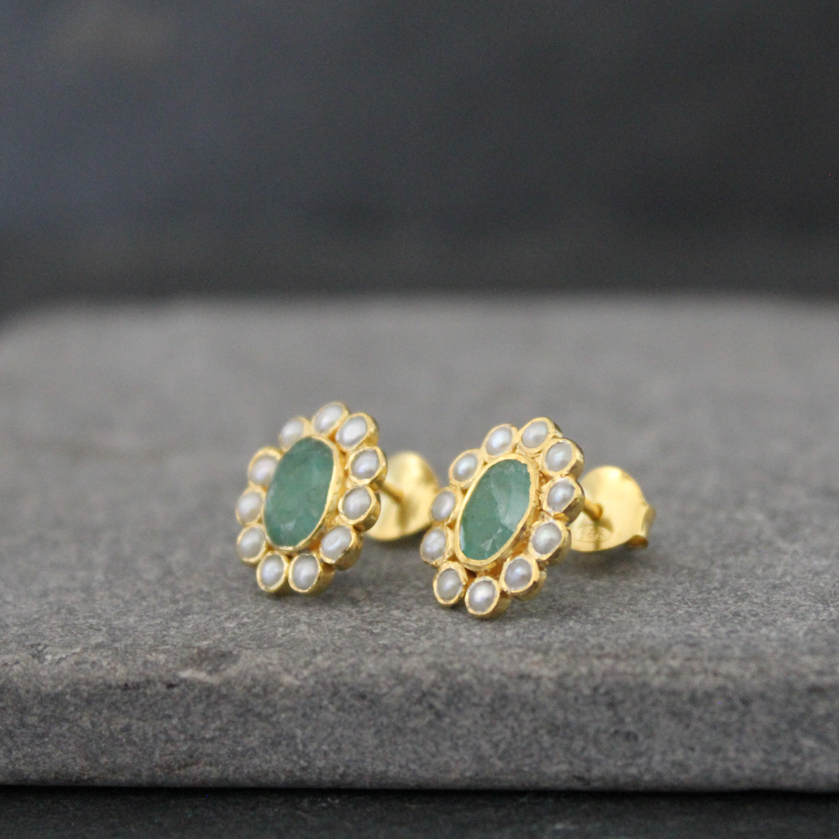 Emerald, Pearl and Gold Vermeil Stud Earrings - Beyond Biasa