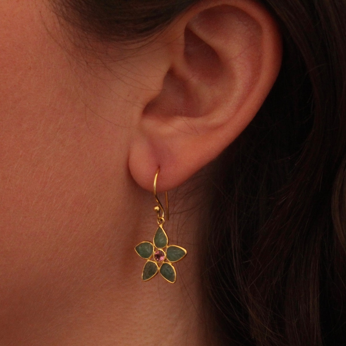 Emerald, Tourmaline and Gold Vermeil Flower Drop Earrings - Beyond Biasa
