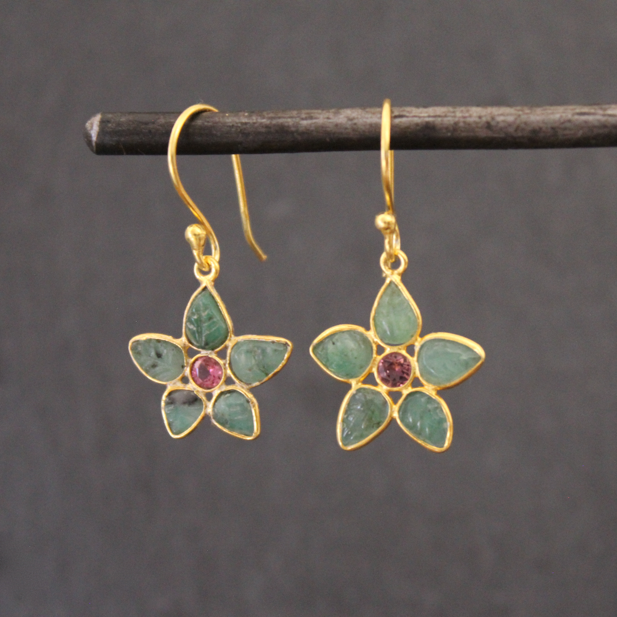 Emerald, Tourmaline and Gold Vermeil Flower Drop Earrings - Beyond Biasa