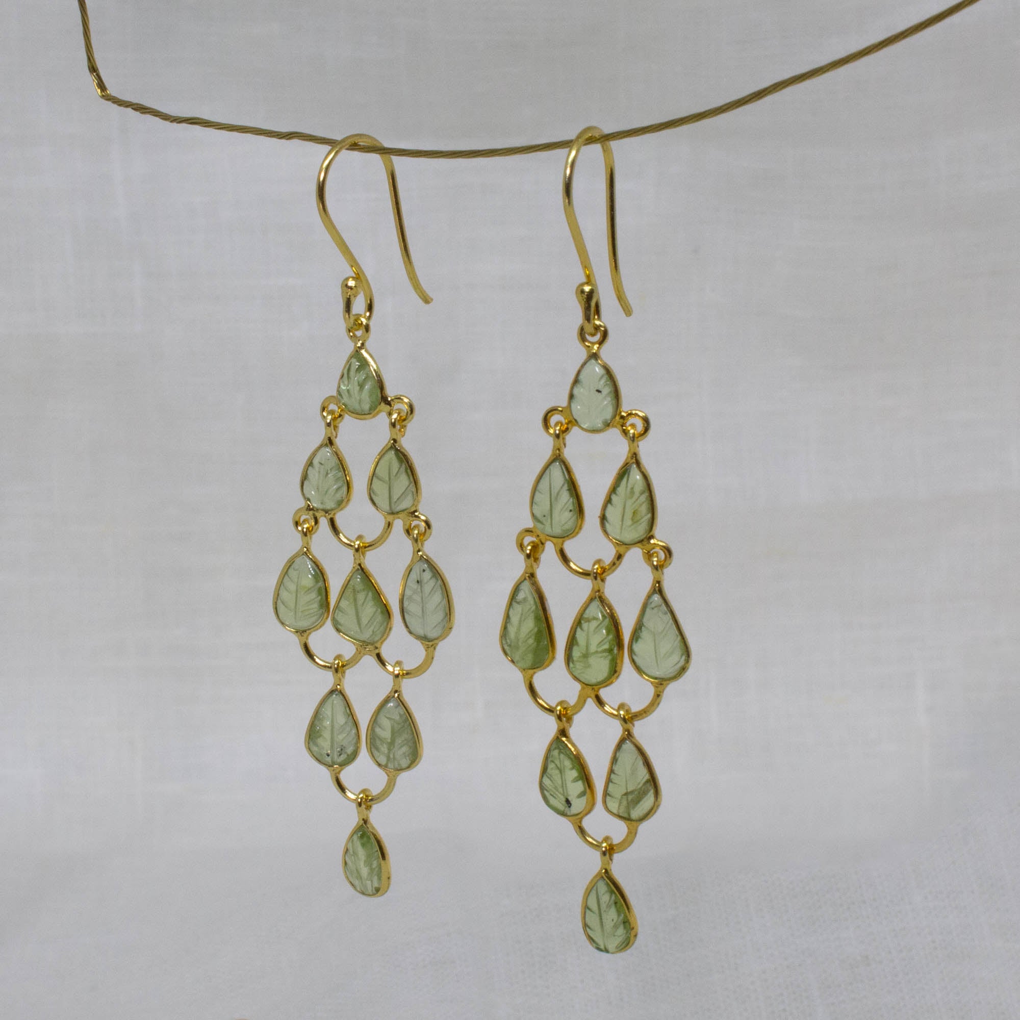 Carved Peridot Gemstone Chandelier Earrings in 18k Gold Vermeil 