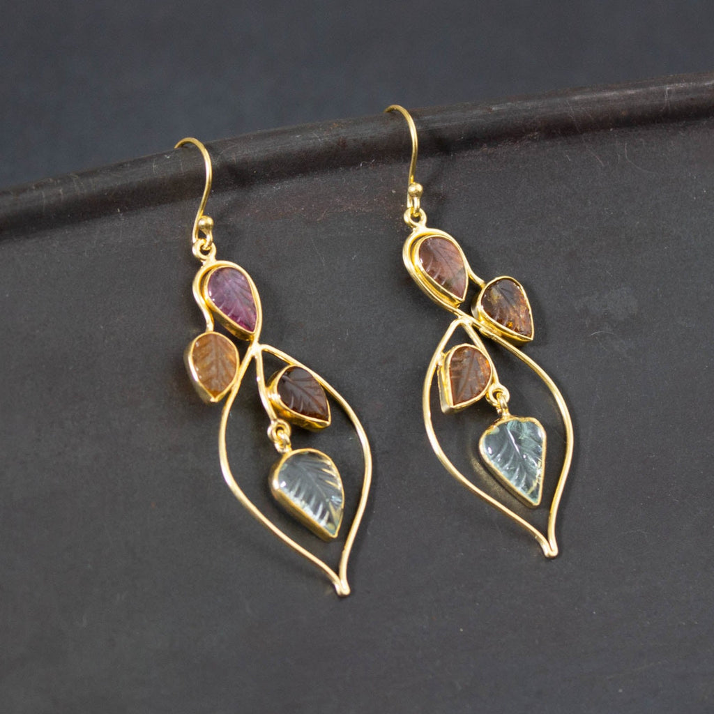 Art Nouveau inspired Carved tourmaline gemstone and gold drop earrings - Beyond Biasa