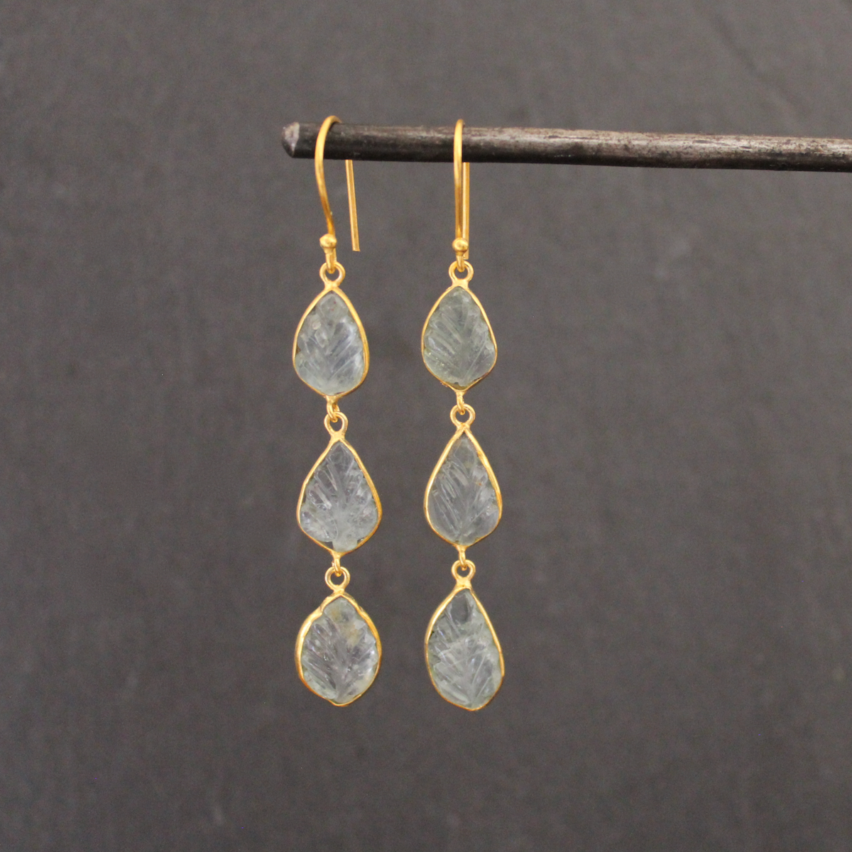 Carved Aquamarine and Gold Vermeil Earrings - Beyond Biasa