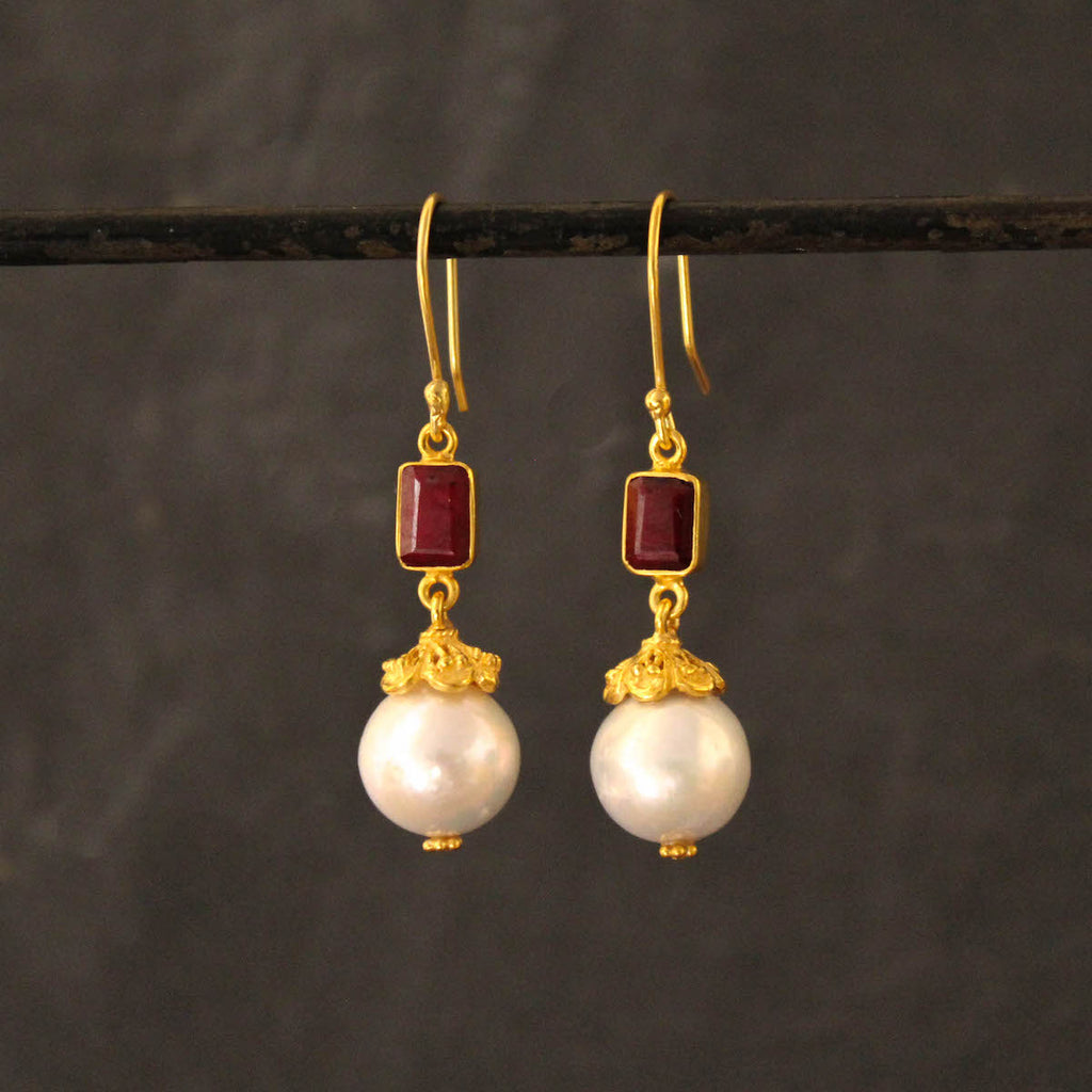 Pearl and Ruby Intricate Drop Earrings