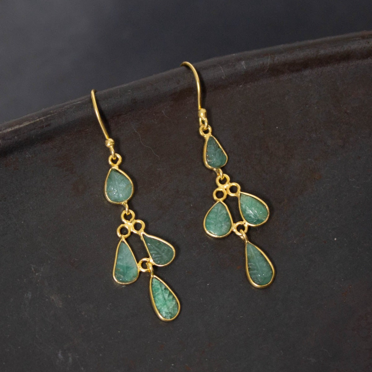 Carved Emerald and Gold Dangle Earrings - Beyond Biasa 