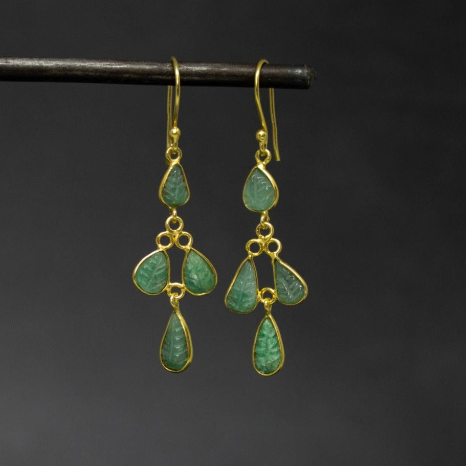Carved Emerald and Gold Dangle Earrings - Beyond Biasa 
