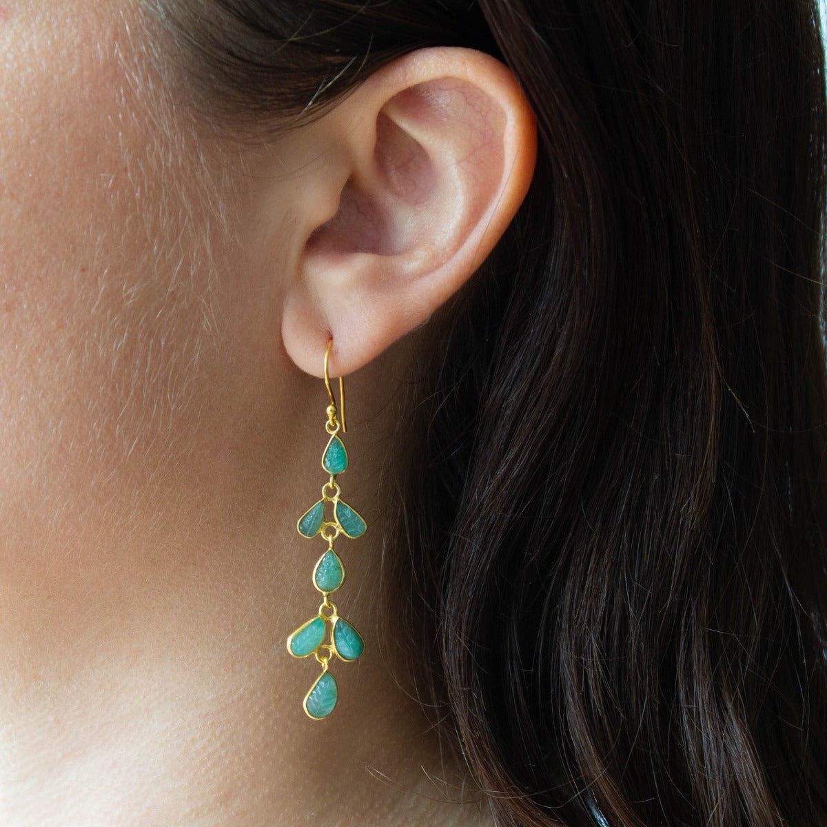 Carved Emerald and Gold Long Earrings - Beyond Biasa