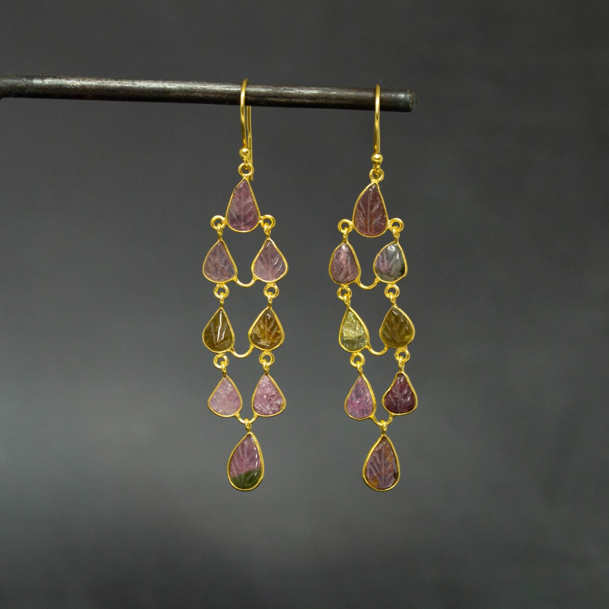 Carved Tourmaline and Gold Chandelier Earrings