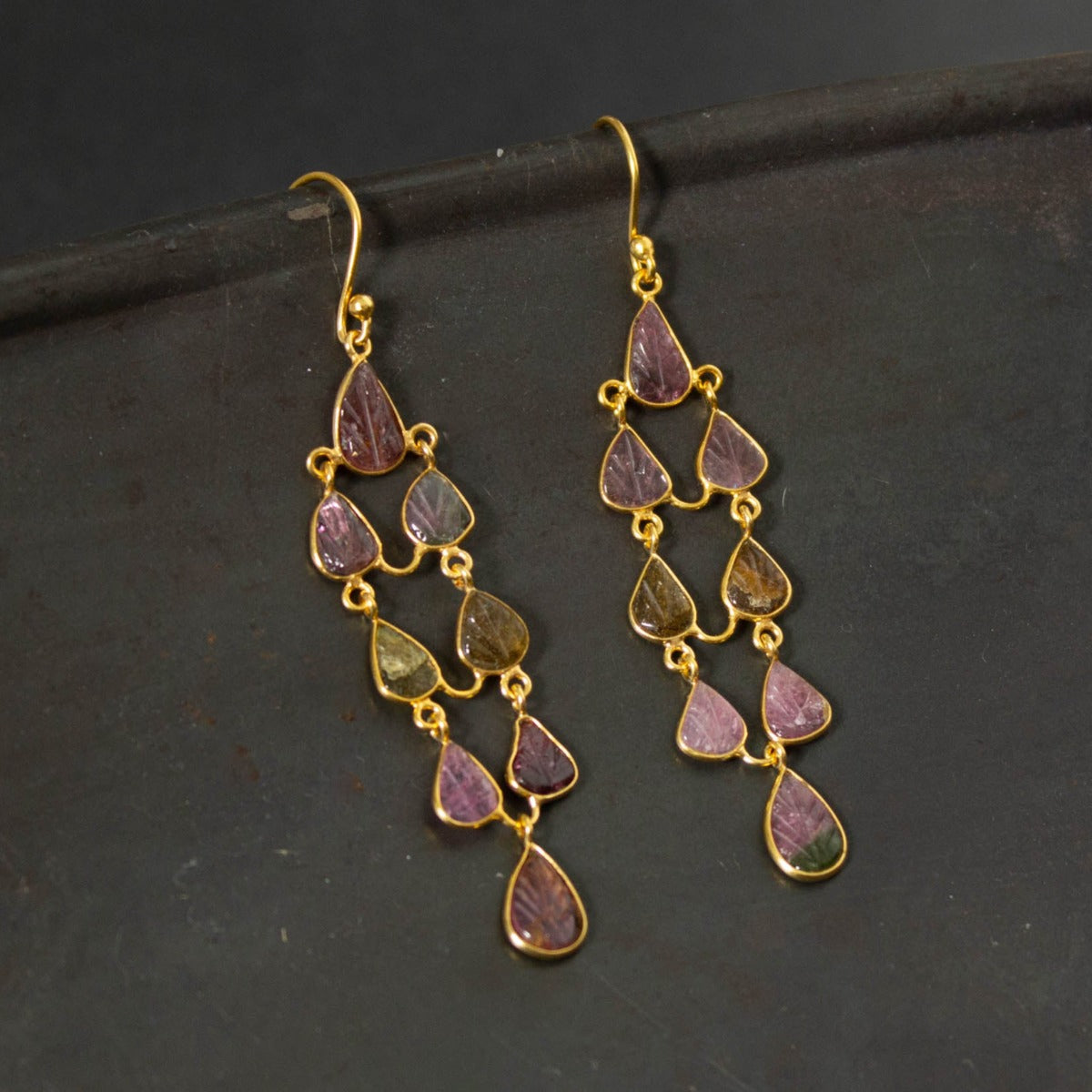 Carved Tourmaline and Gold Chandelier Earrings