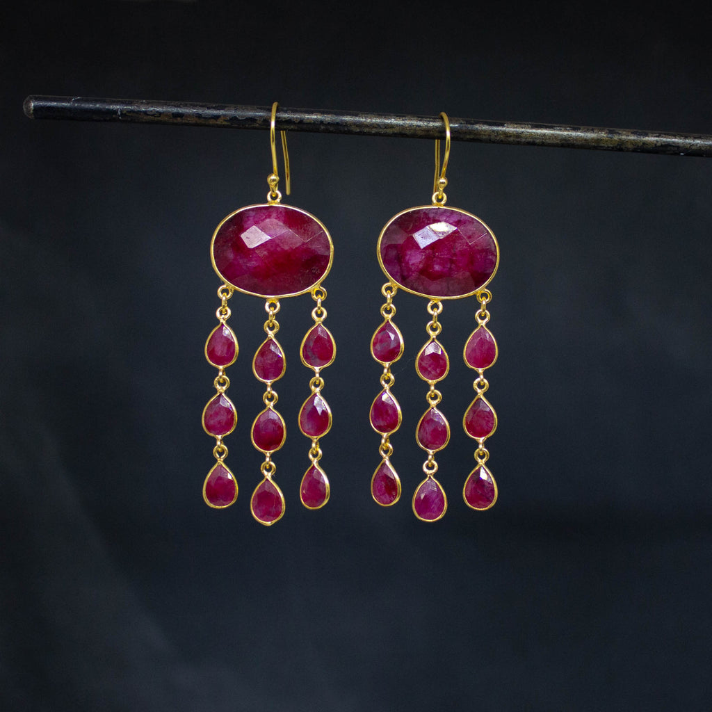 Ruby and Gold Chandelier Earrings