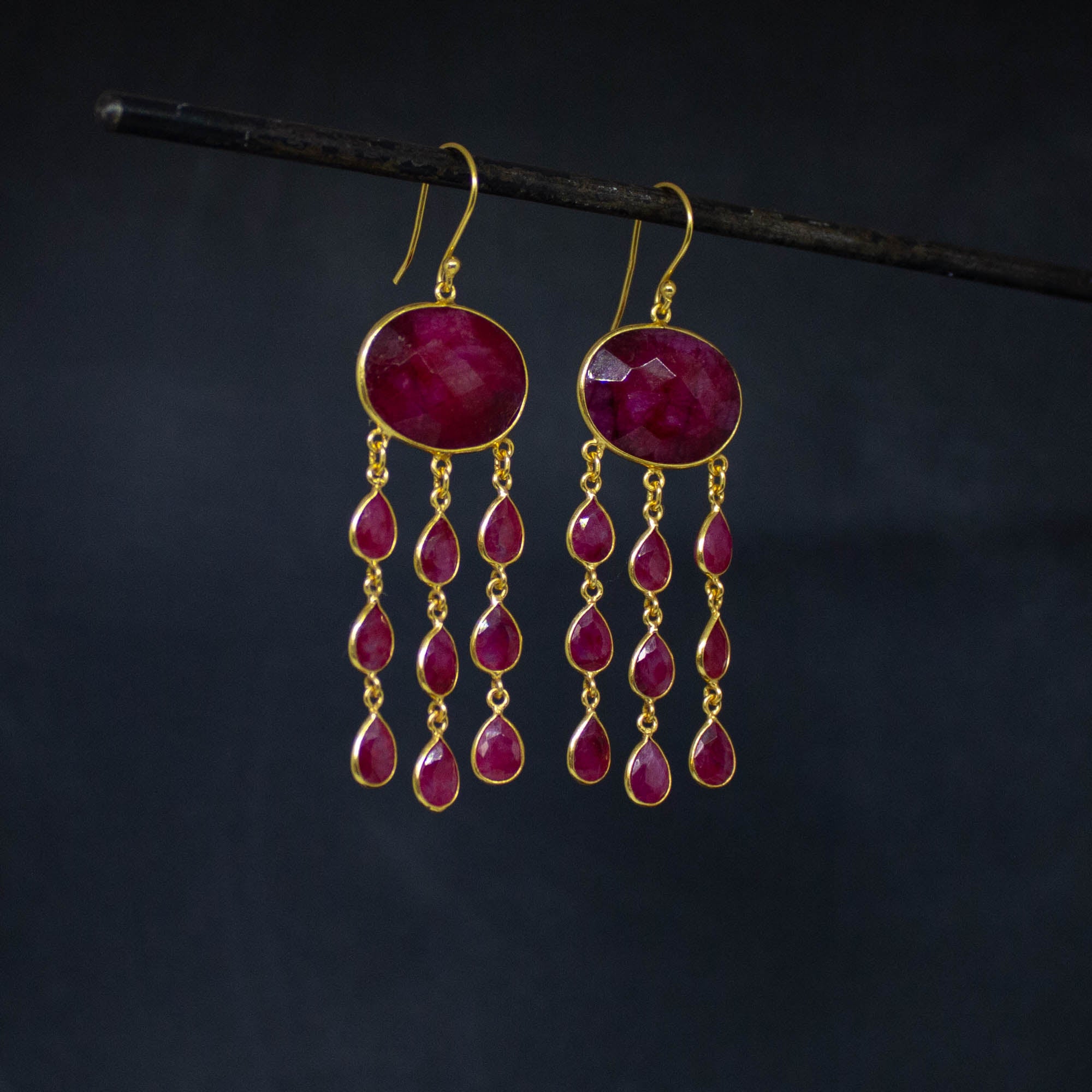 Ruby and Gold Chandelier Earrings