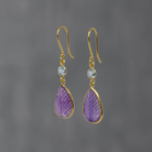 Carved teardrop amethyst gemstone earrings with small faceted blue topaz and gold vermeil hook fitting - Beyond Biasa 