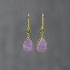 Carved teardrop amethyst gemstone earrings with small faceted peridot and gold vermeil hook fitting - Beyond Biasa 