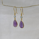 Carved teardrop amethyst gemstone earrings with small faceted blue topaz and gold vermeil hook fitting - Beyond Biasa 