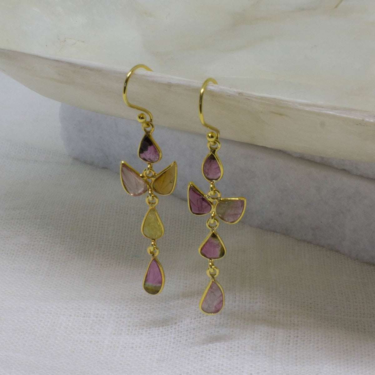 Carved Tourmaline and Gold Drop Earrings - Beyond Biasa 