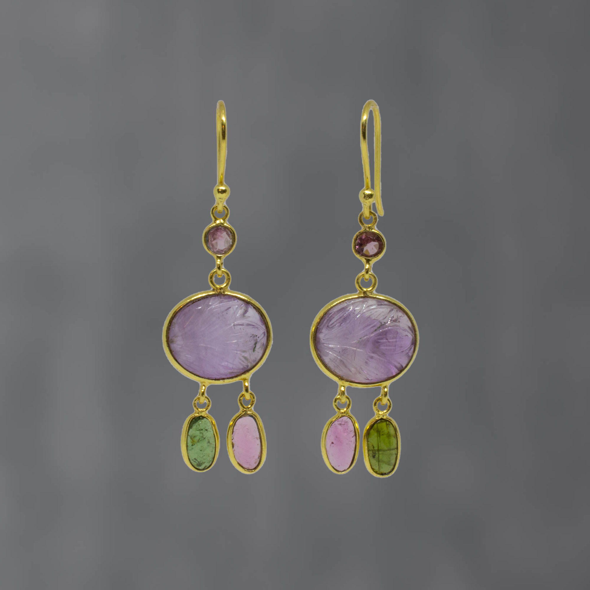 Carved amethyst and tourmaline gemstone dangle earrings in 18k gold vermeil with hook fittings - Beyond Biasa