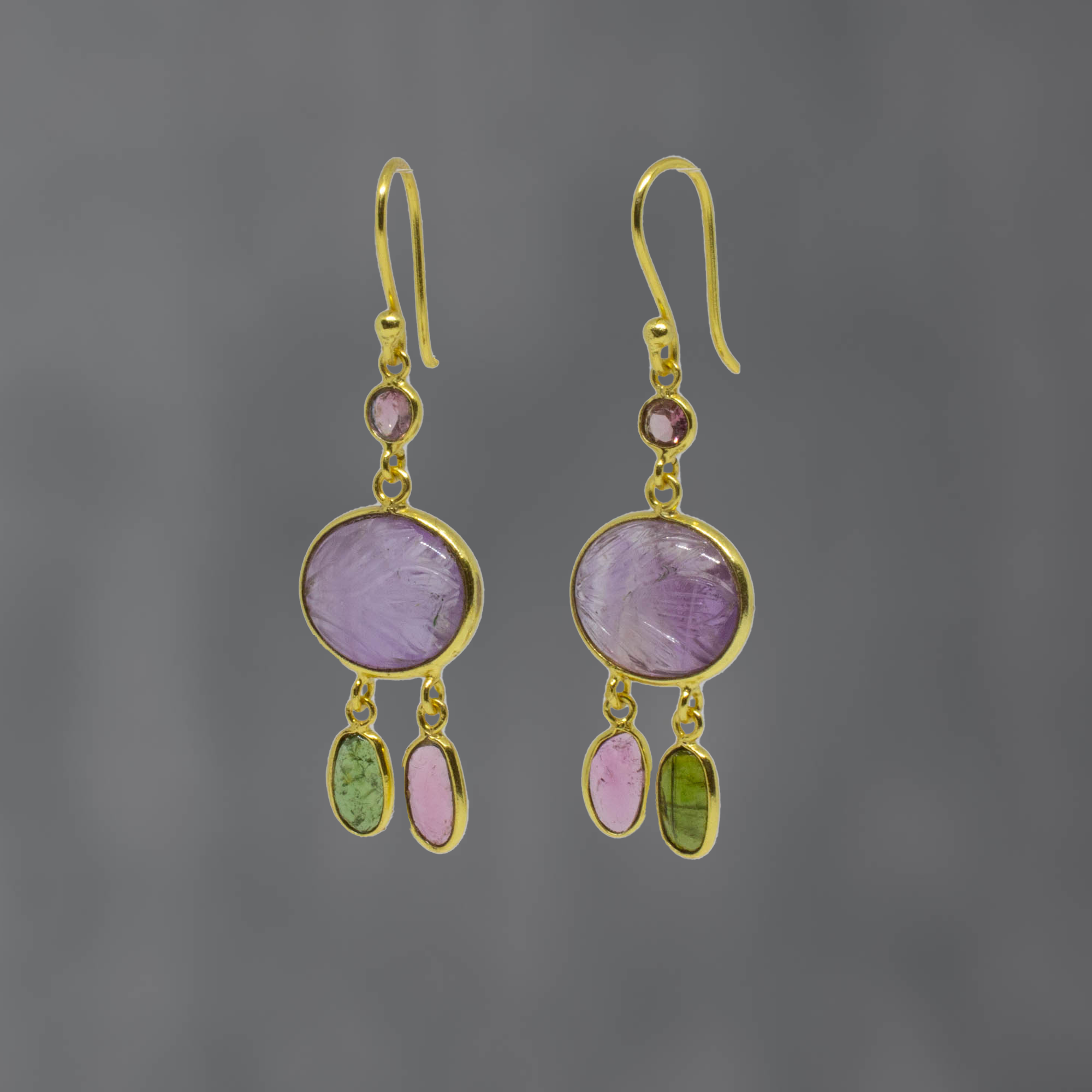 Carved amethyst and tourmaline gemstone dangle earrings in 18k gold vermeil with hook fittings - Beyond Biasa