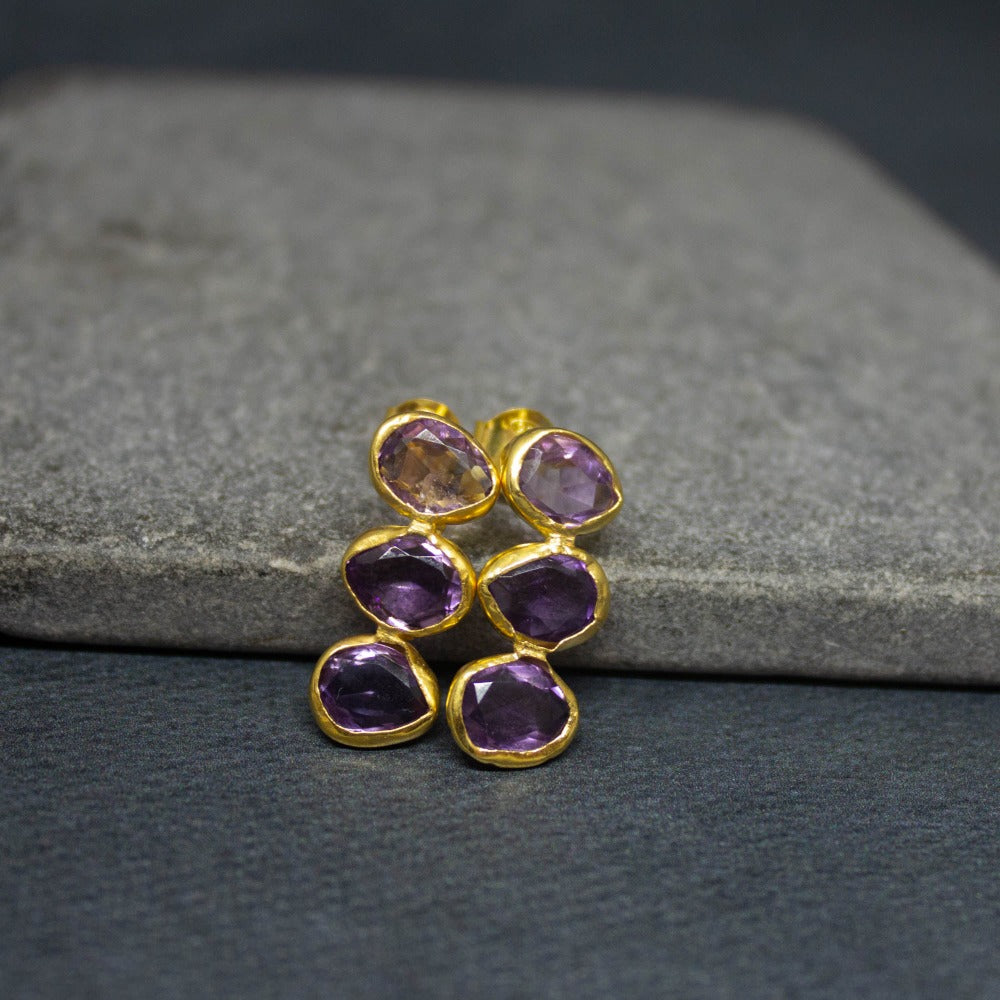 Triple Gemstone and Gold Organic Stud Earrings - Beyond Biasa