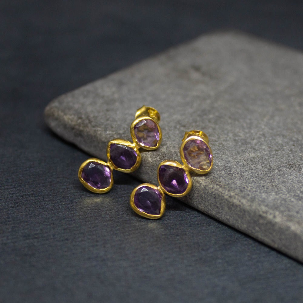 Triple Gemstone and Gold Organic Stud Earrings - Beyond Biasa