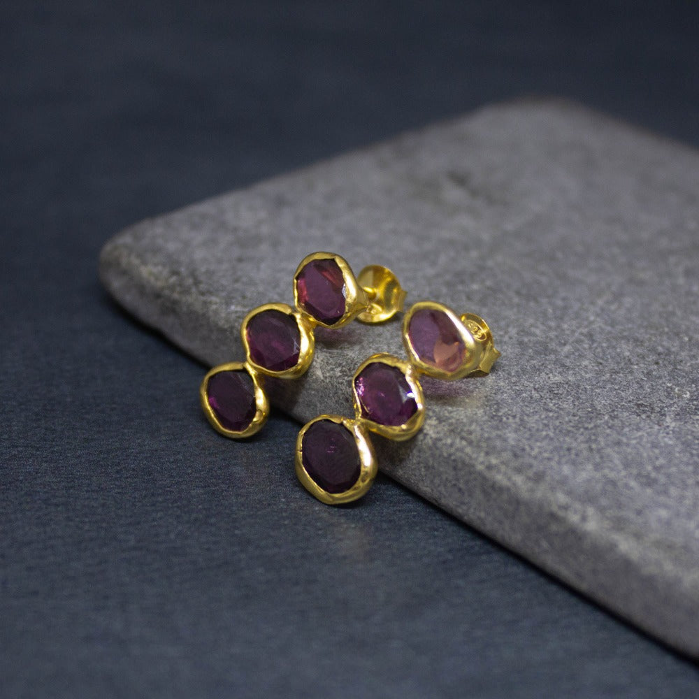 Triple Gemstone and Gold Organic Stud Earrings - Beyond Biasa